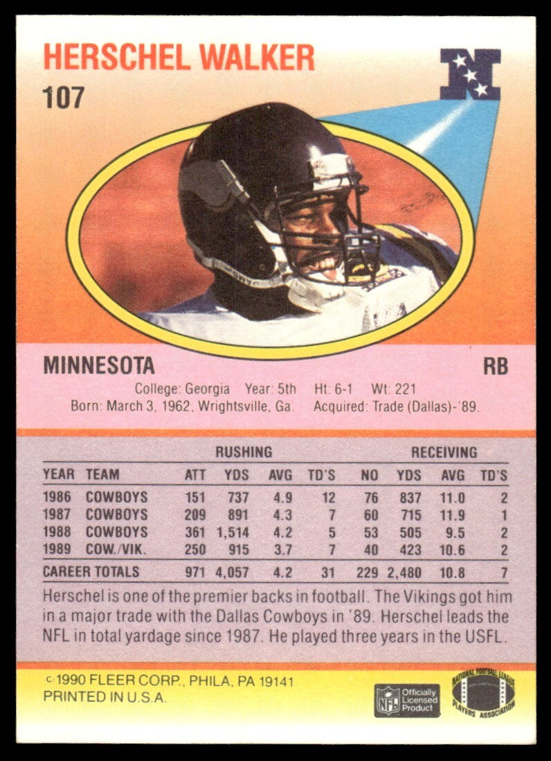 1990 Fleer Football Card Herschel Walker Minnesota Vikings #107