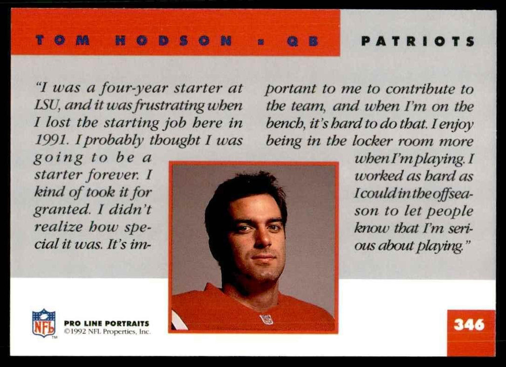 1992 PRO LINE TOM HODSON NEW ENGLAND PATRIOTS #346