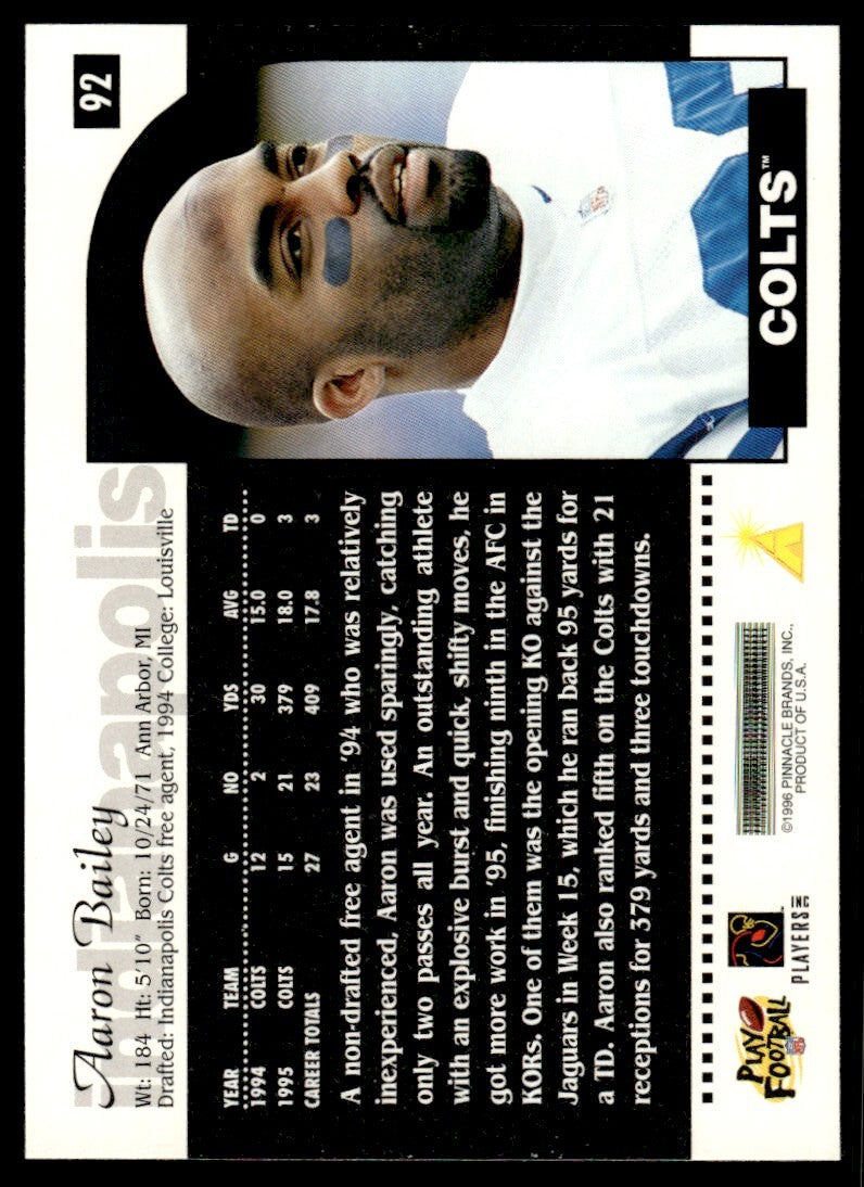 1996 Score Football Card Aaron Bailey Indianapolis Colts #92