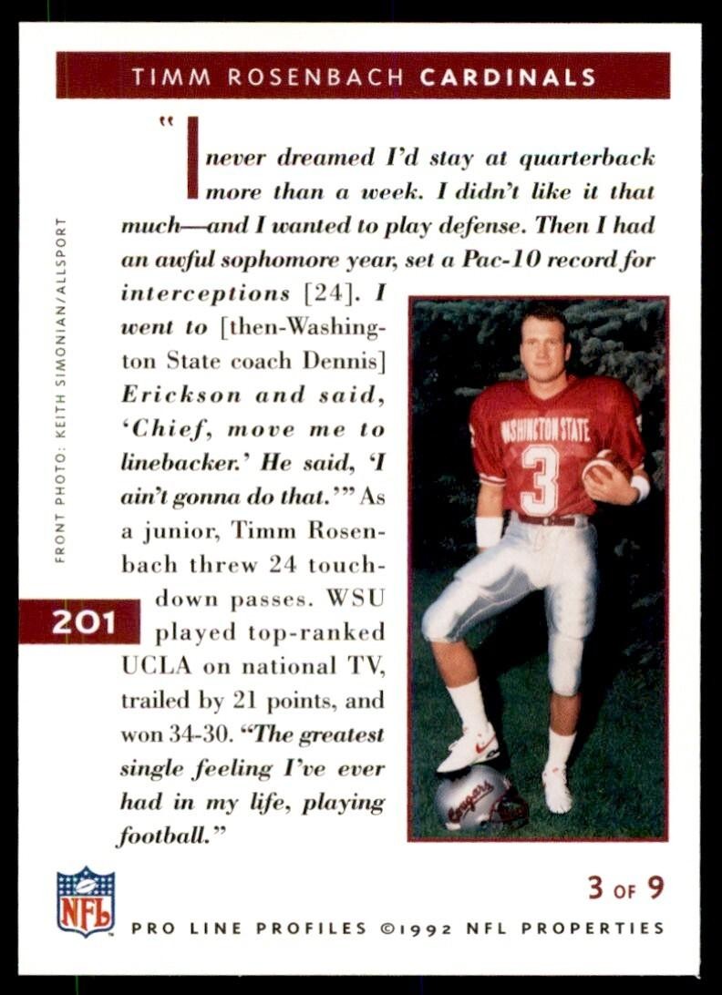 1992 PRO LINE TIMM ROSENBACH PHOENIX CARDINALS #201