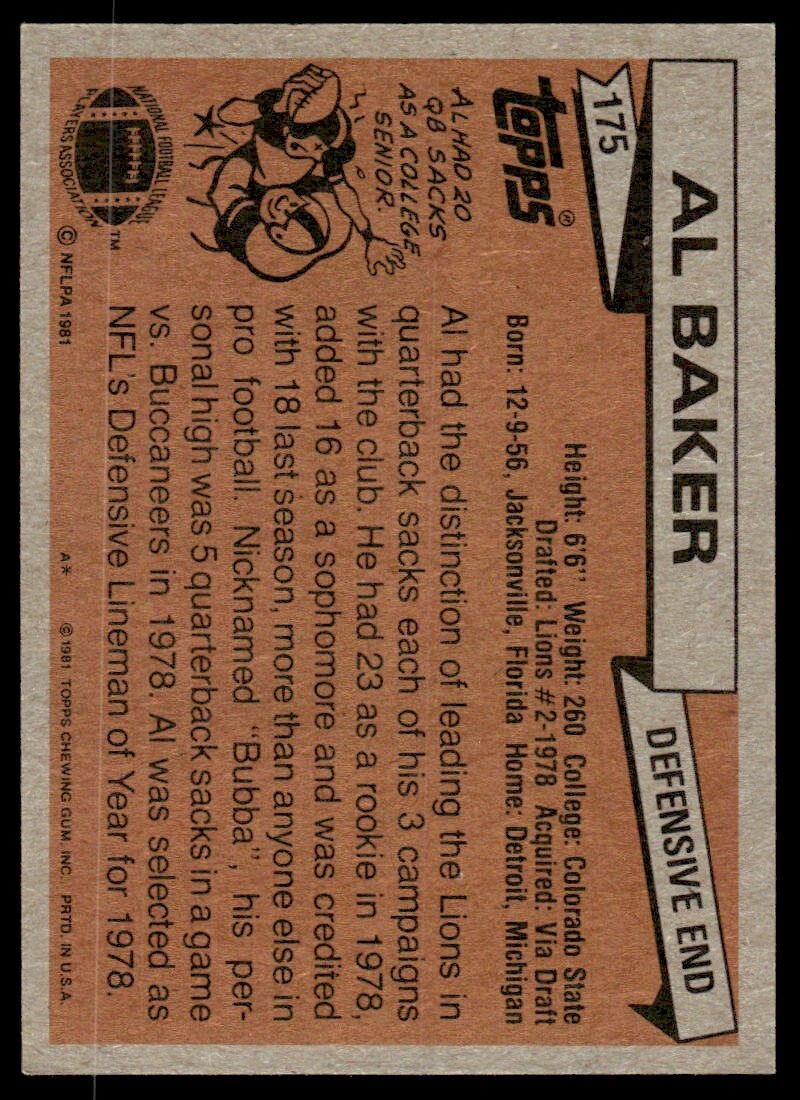 1981 Topps Football Card Al Baker Detroit Lions #175