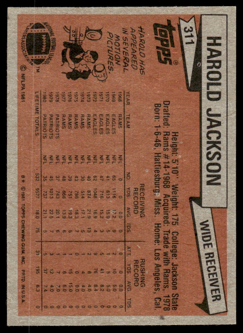 1981 Topps Football Card Harold Jackson A New England Patriots #311