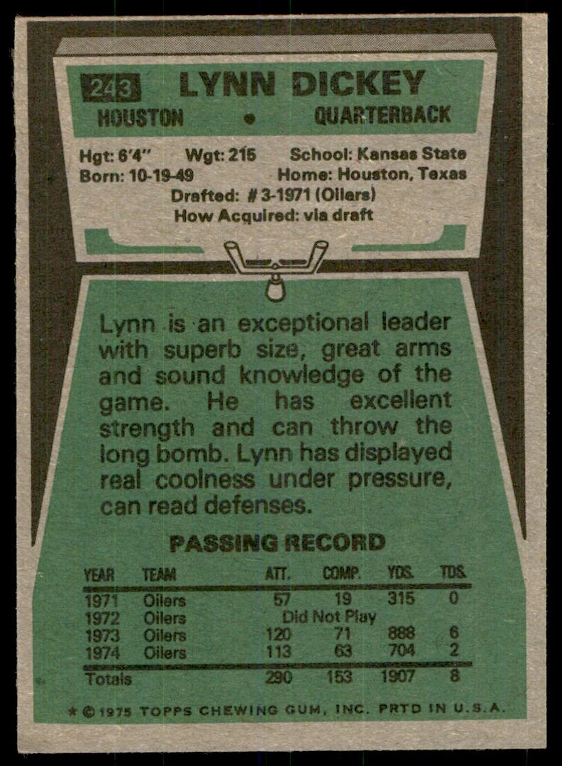 1975 TOPPS LYNN DICKEY HOUSTON OILERS #243