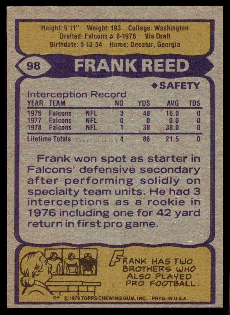 1979 Topps Football Card Frank Reed Rookie Atlanta Falcons #98