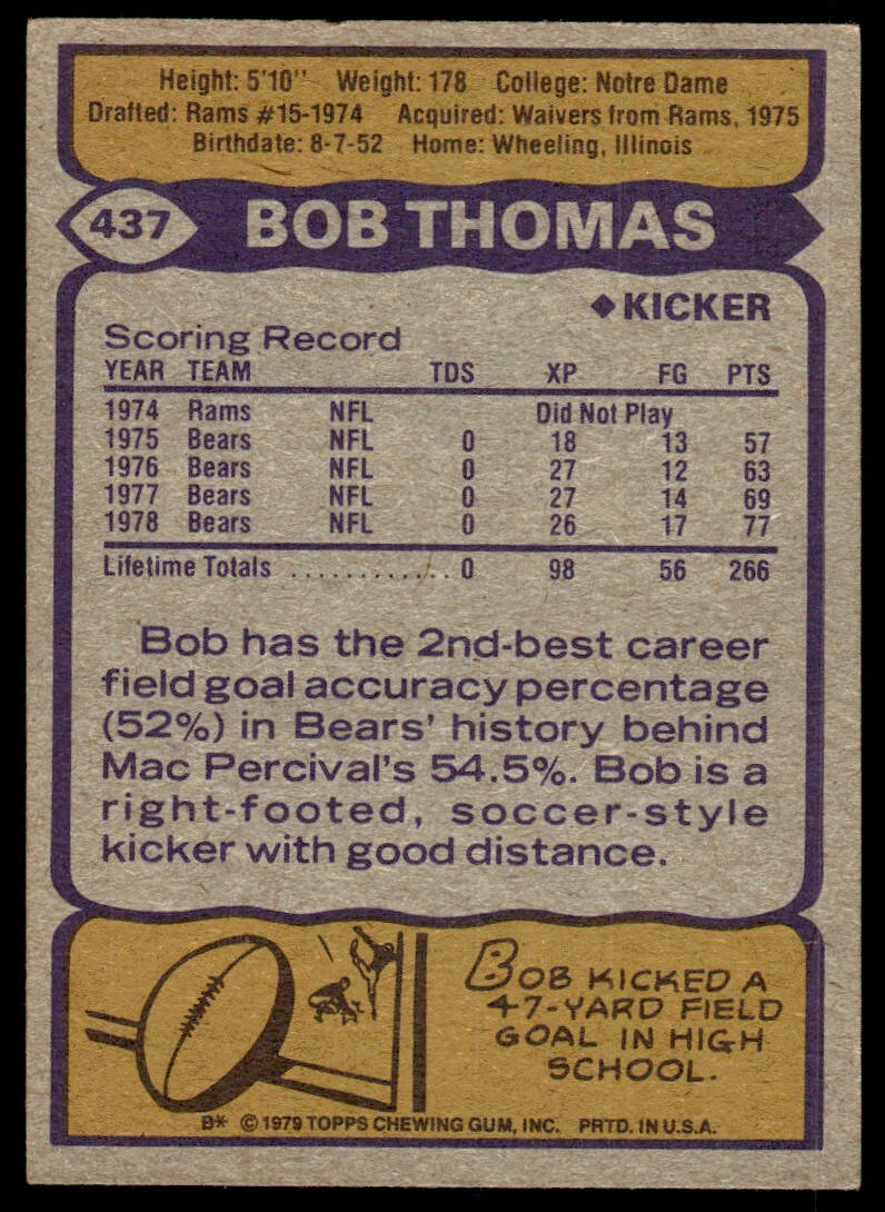 1979 Topps Football Card Bob Thomas Chicago Bears #437