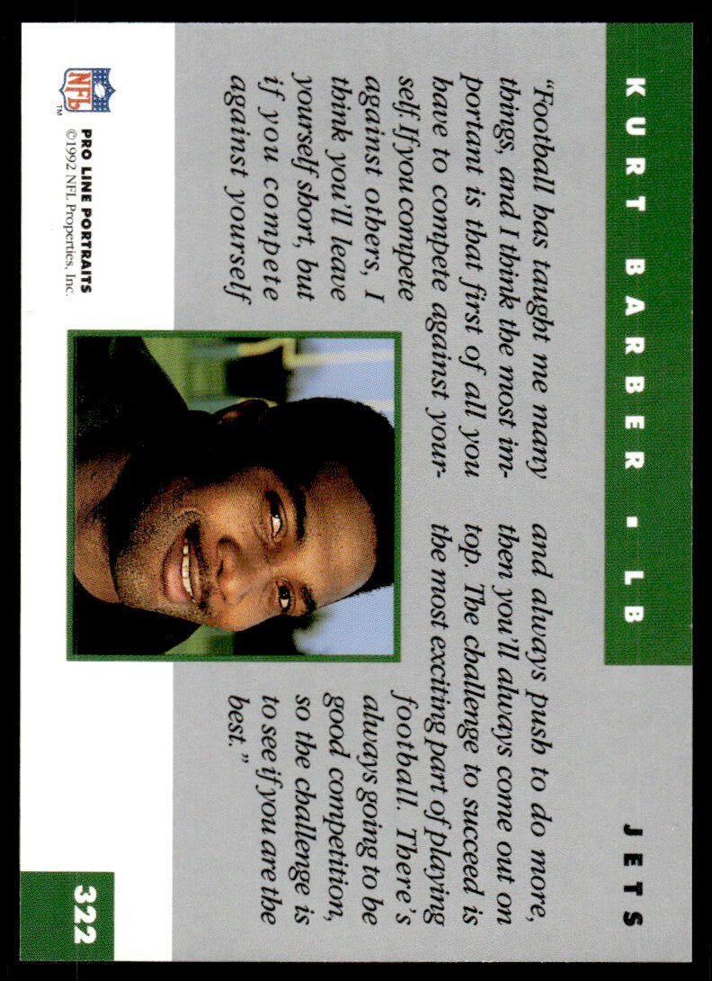 1992 Pro Line Football Card Kurt Barber Rookie New York Jets #322