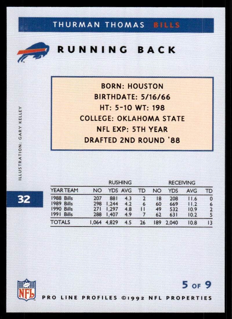 1992 Pro Line Football Card Thurman Thomas #32