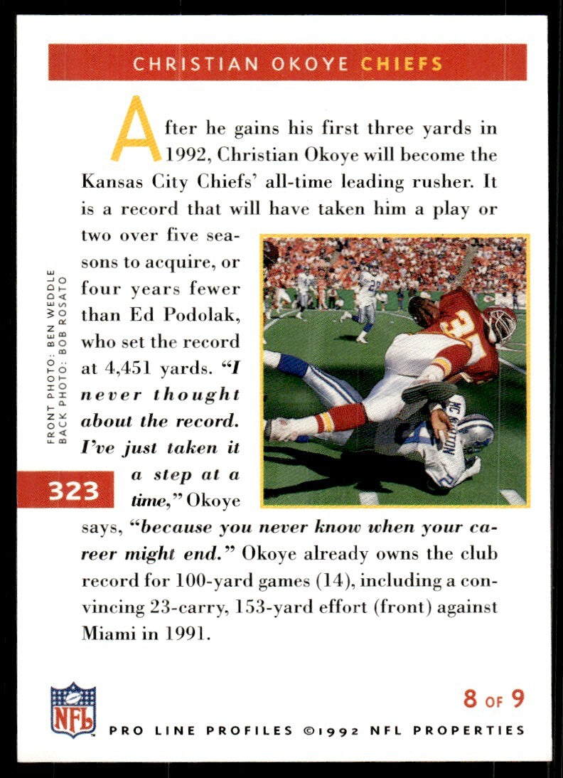 1992 Pro Line Football Card Christian Okoye Kansas City Chiefs #323