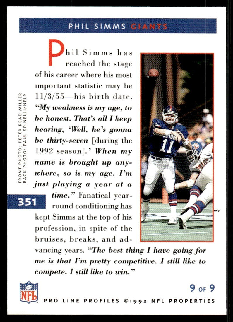 1992 Pro Line Football Card Phil Simms New York Giants #351