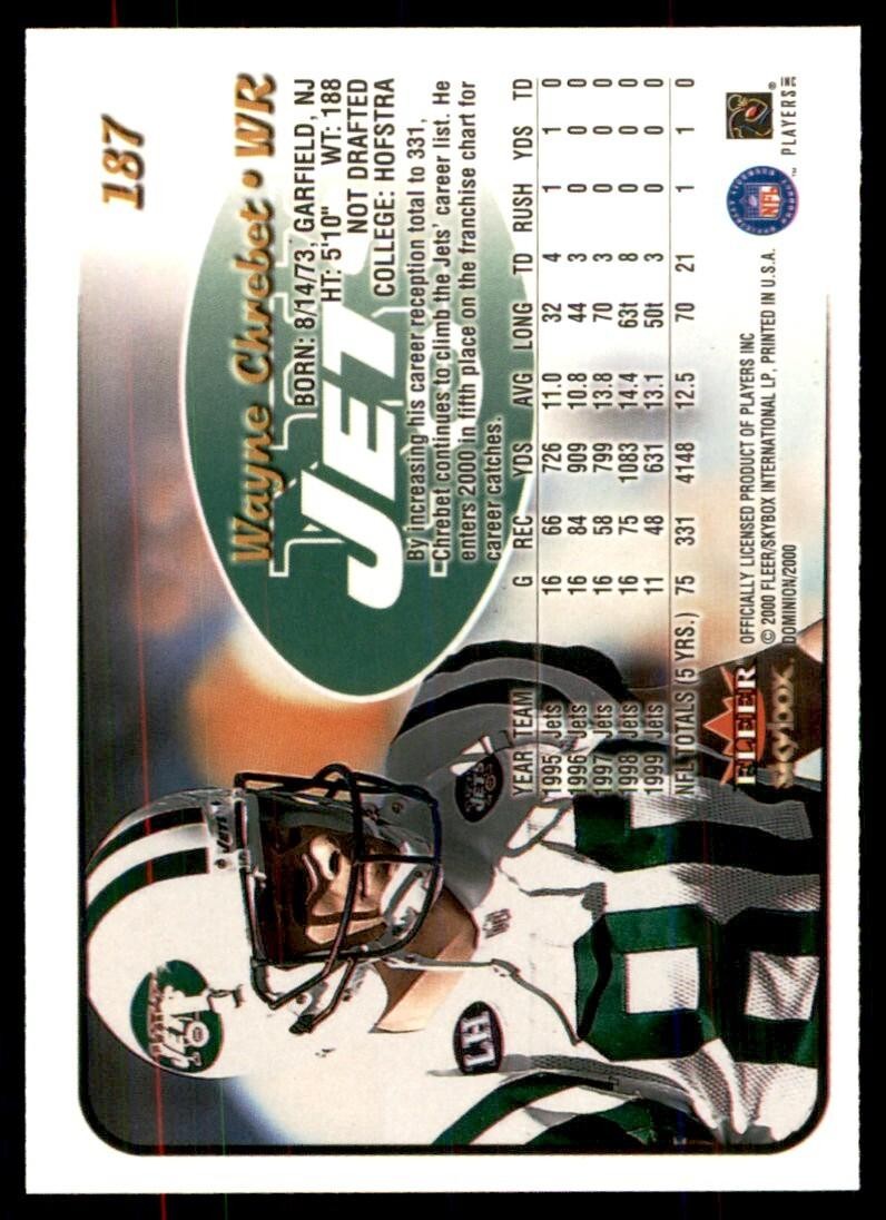 2000 FLEER DOMINION WAYNE CHREBET NEW YORK JETS #187
