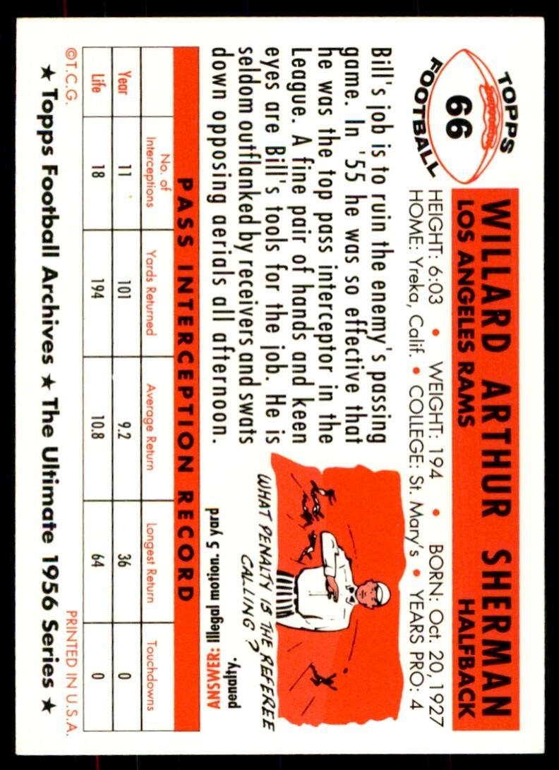 1956 TOPPS ARCHIVES WILLARD SHERMAN LOS ANGELES RAMS #66