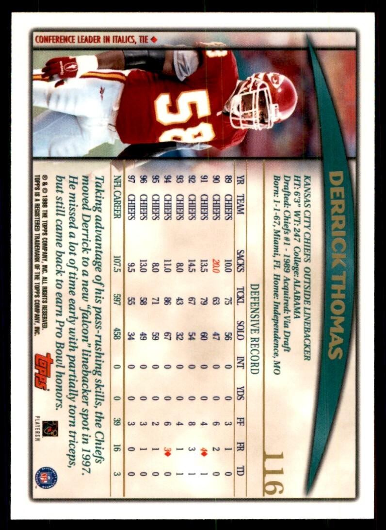 1998 TOPPS DERRICK THOMAS KANSAS CITY CHIEFS #116