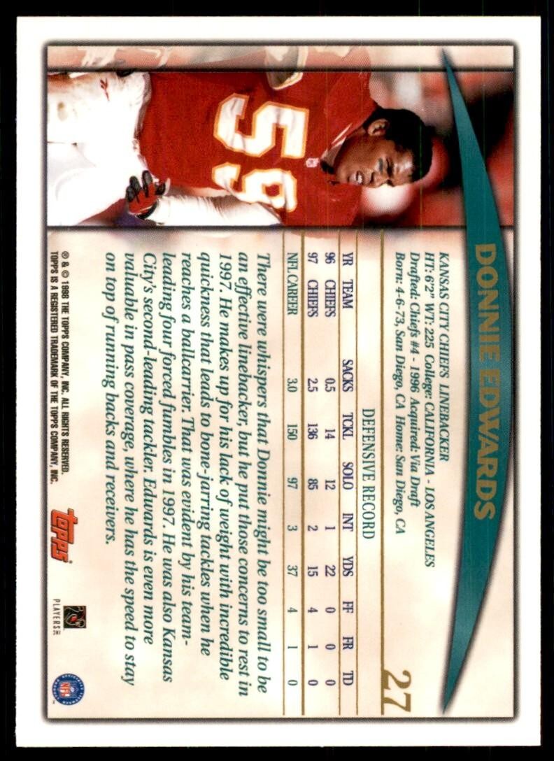 1998 TOPPS DONNIE EDWARDS KANSAS CITY CHIEFS #27