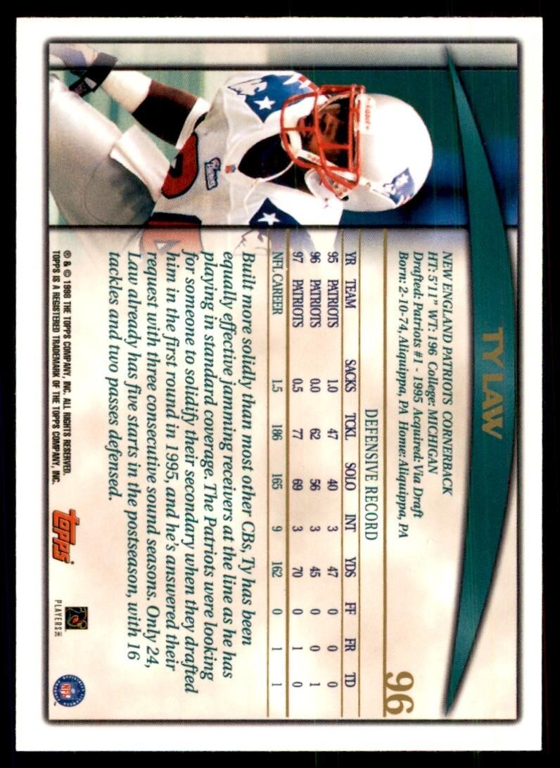 1998 TOPPS TY LAW NEW ENGLAND PATRIOTS #96