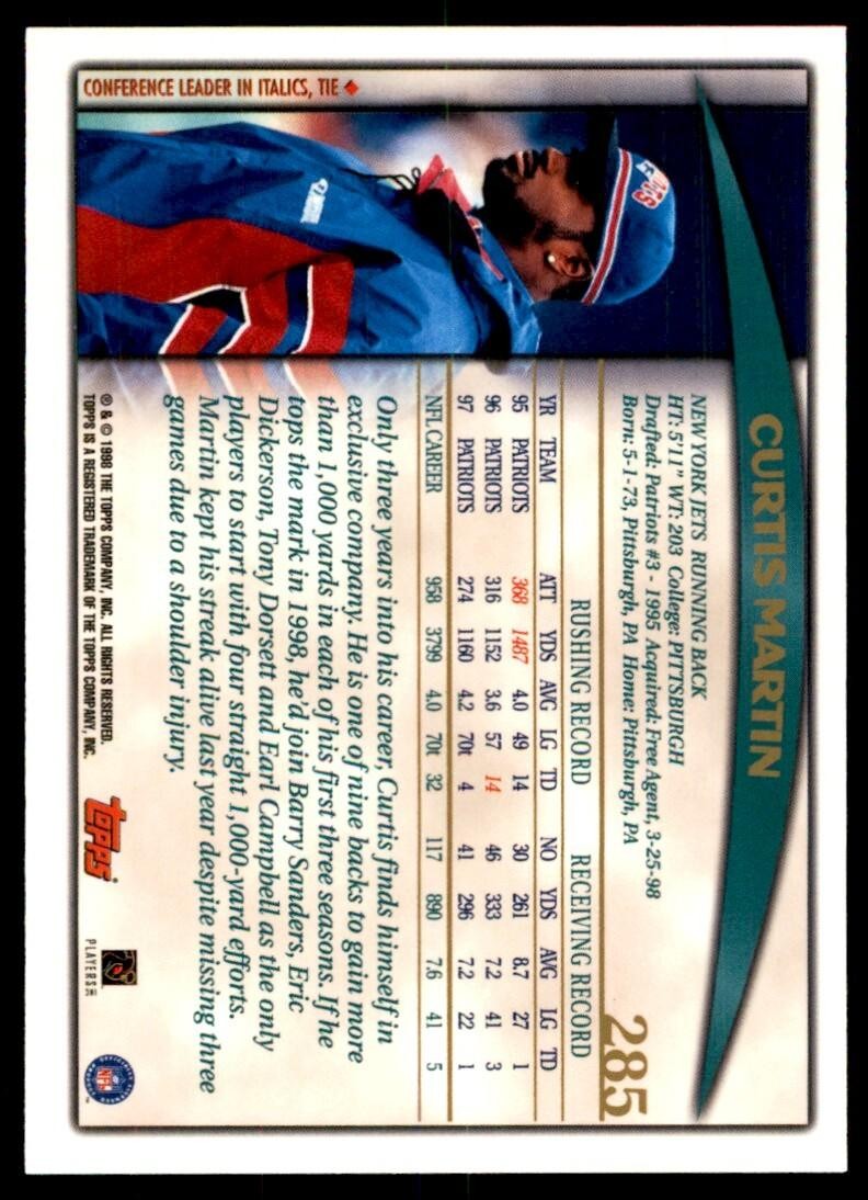 1998 TOPPS CURTIS MARTIN NEW ENGLAND PATRIOTS #285