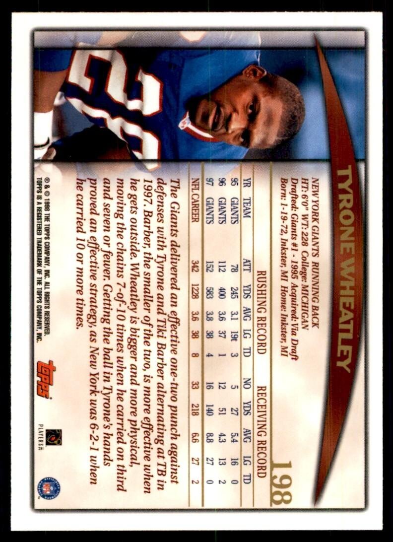 1998 TOPPS TYRONE WHEATLEY NEW YORK GIANTS #198