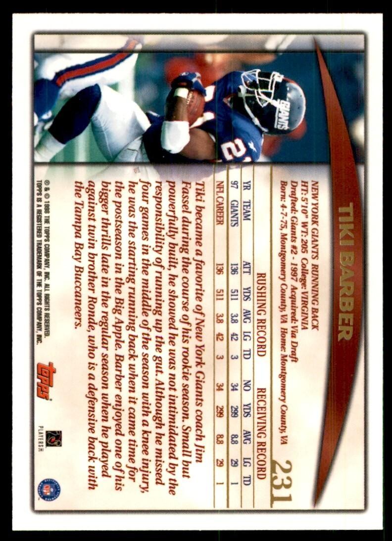 1998 TOPPS TIKI BARBER NEW YORK GIANTS #231