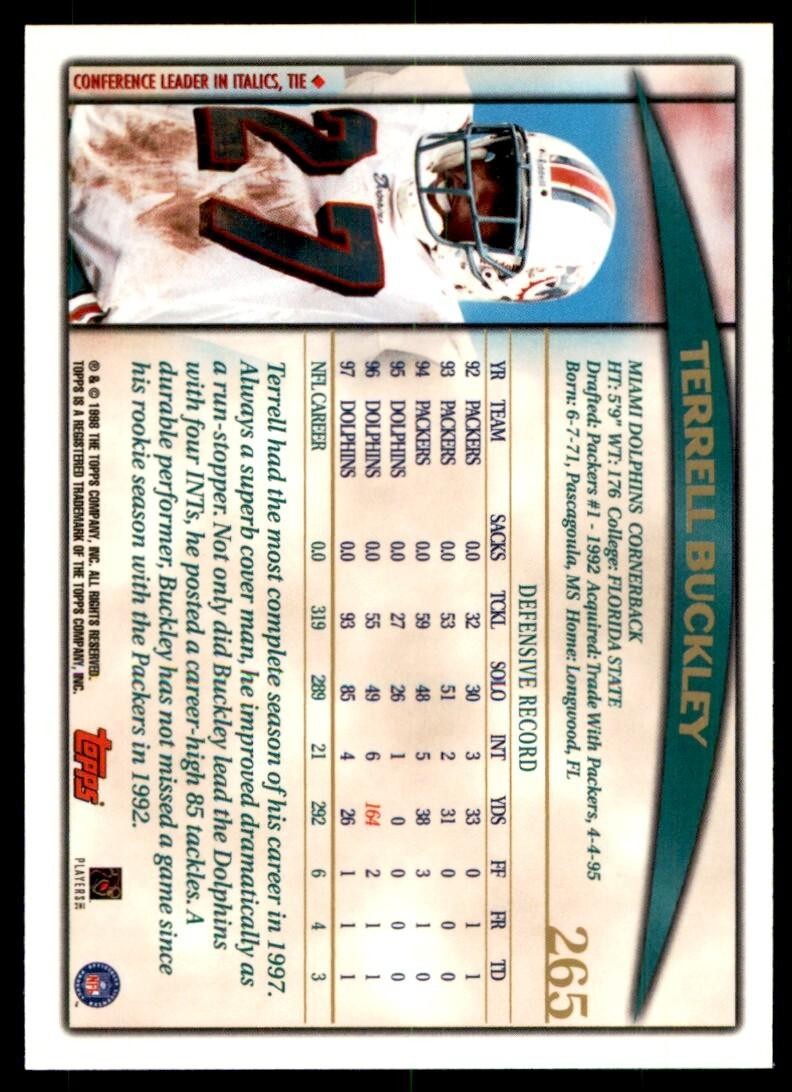 1998 TOPPS TERRELL BUCKLEY MIAMI DOLPHINS #265
