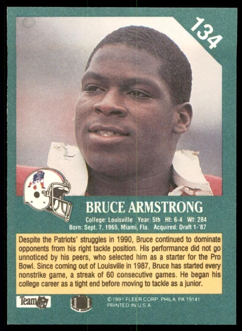 1991 FLEER BRUCE ARMSTRONG NEW ENGLAND PATRIOTS #134