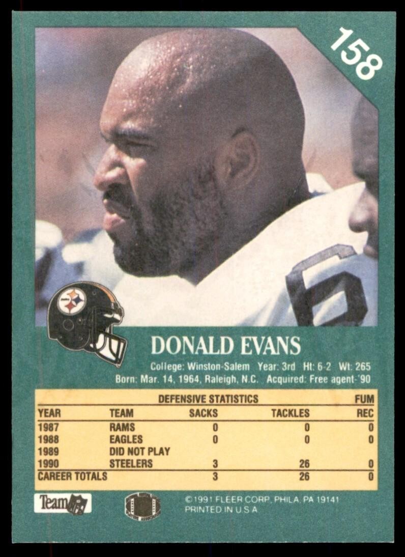 1991 FLEER DONALD EVANS PITTSBURGH STEELERS #158