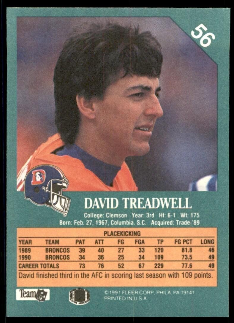 1991 FLEER DAVID TREADWELL DENVER BRONCOS #56