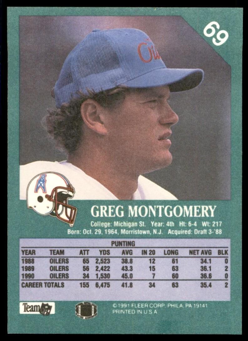 1991 FLEER GREG MONTGOMERY HOUSTON OILERS #69