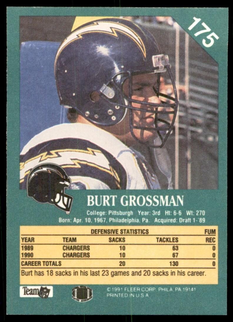 1991 FLEER BURT GROSSMAN SAN DIEGO CHARGERS #175