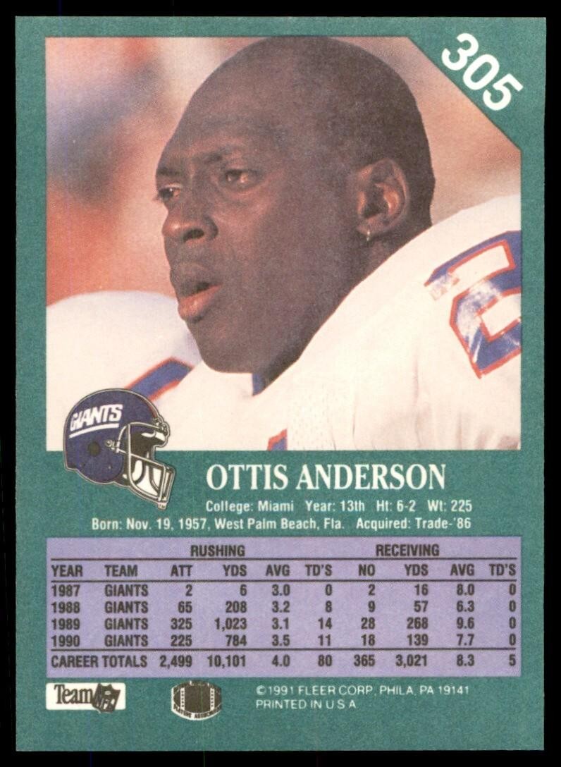 1991 FLEER OTTIS ANDERSON NEW YORK GIANTS #305
