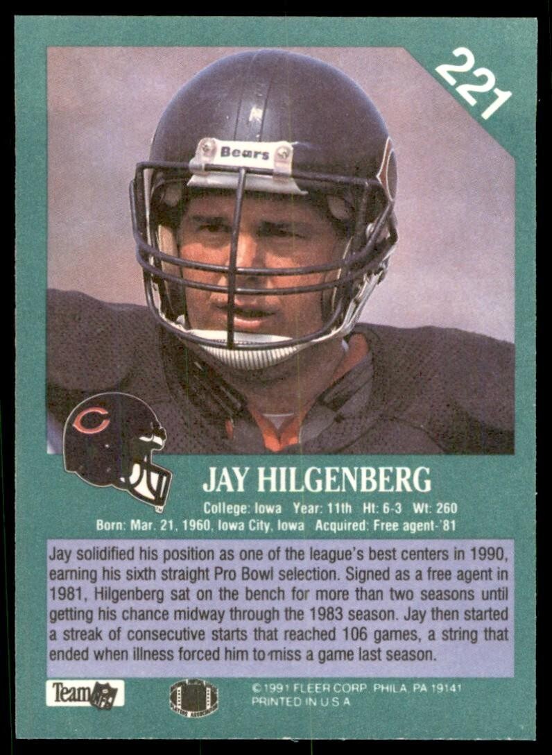 1991 FLEER JAY HILGENBERG CHICAGO BEARS #221