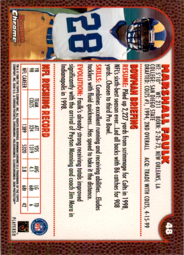 1999 Bowman Chrome Marshall Faulk Football Cards #48