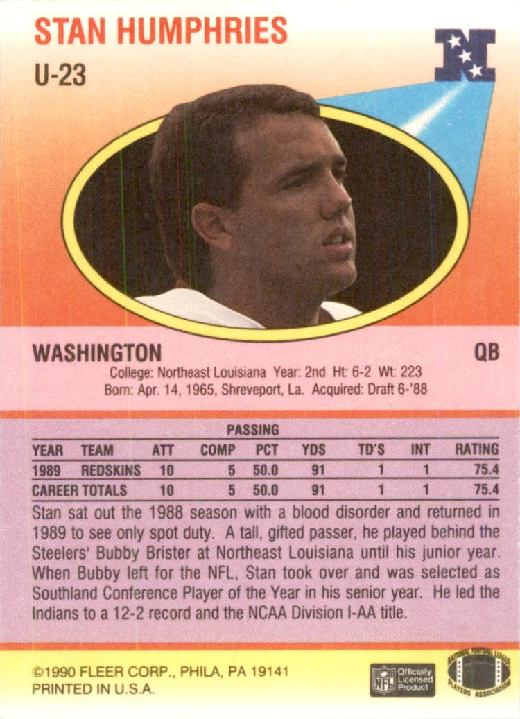 1990 Fleer Update Stan Humphries Football Cards #U-23
