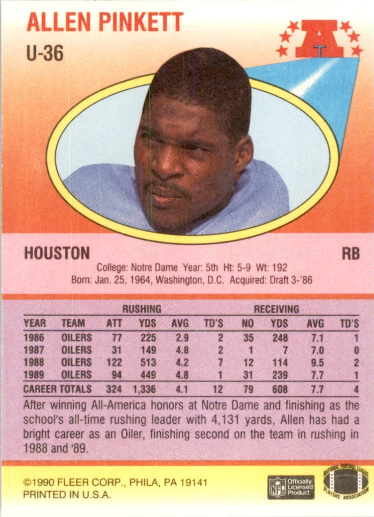 1990 Fleer Update Allen Pinkett Football Cards #U-36