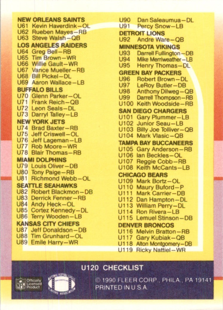 1990 Fleer Checklist Football Cards #U-120