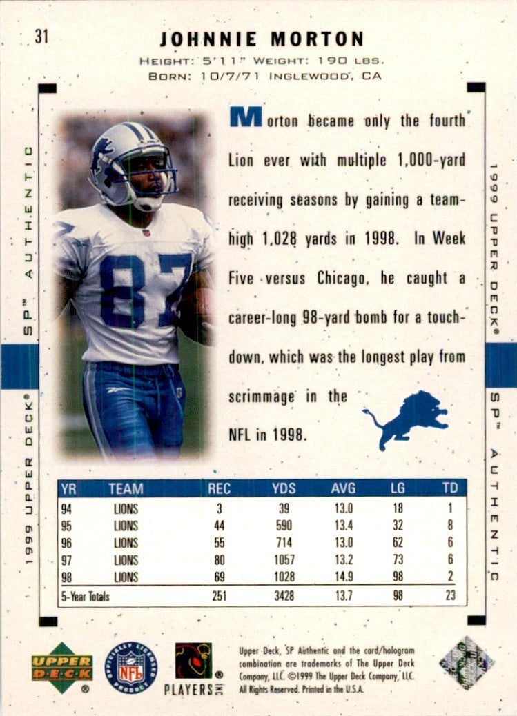 1999 Upper Deck SP Authentic Johnnie Morton Football Cards #31