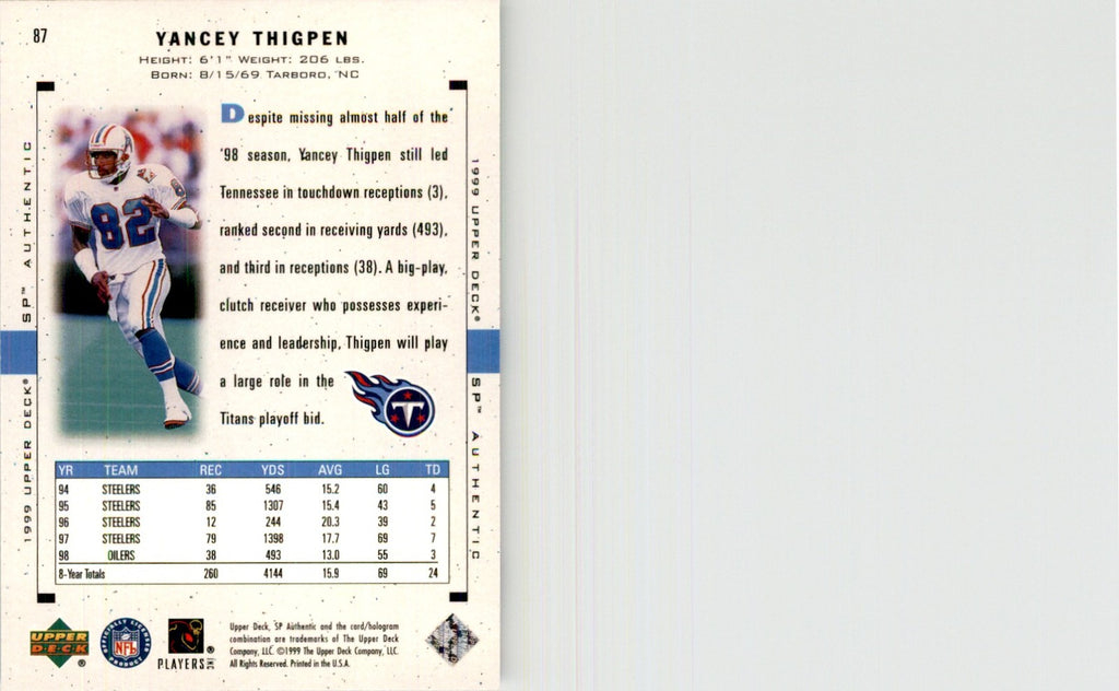 1999 Upper Deck SP Authentic Yancey Thigpen Football Cards #87
