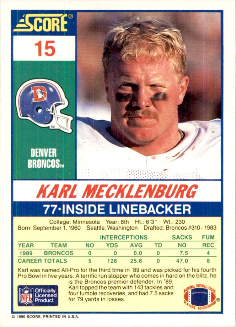 1990 Score Karl Mecklenburg Football Cards #15