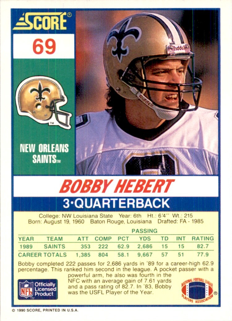 1990 Score Bobby Hebert Football Cards #69
