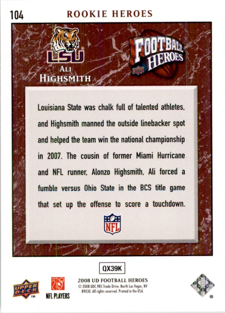 2008 Upper Deck Heroes Ali Highsmith Football Cards #104
