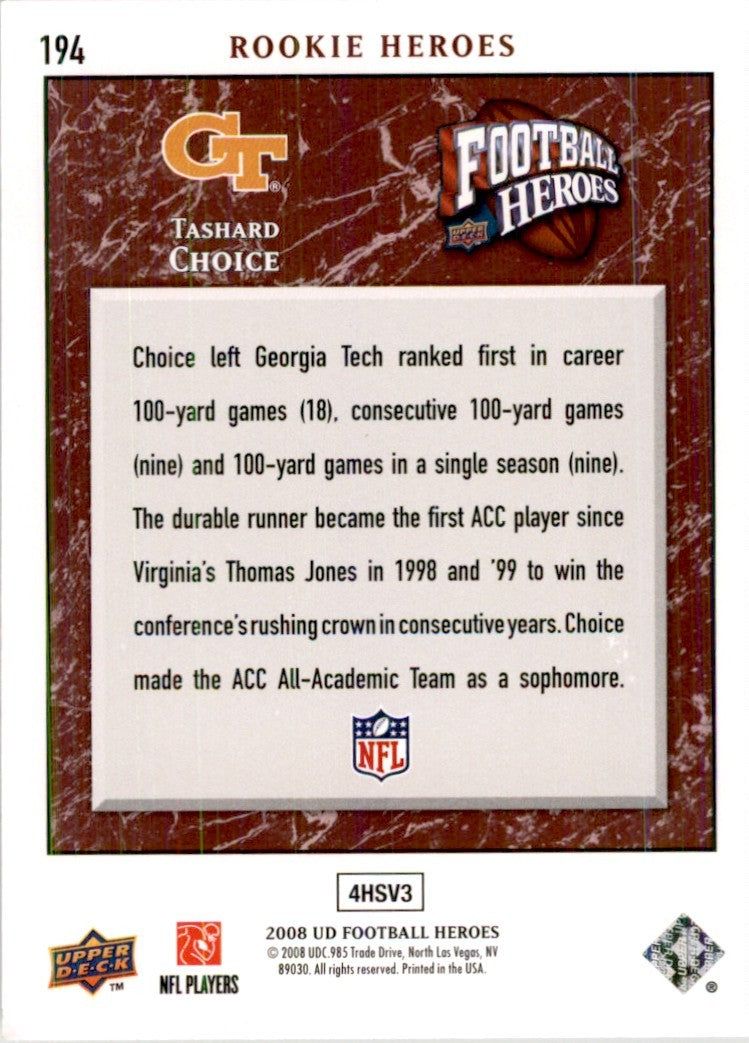 2008 Upper Deck Heroes Tashard Choice Football Cards #194