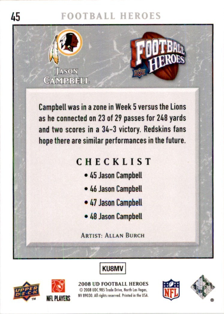 2008 Upper Deck Heroes Jason Campbell Football Cards #45
