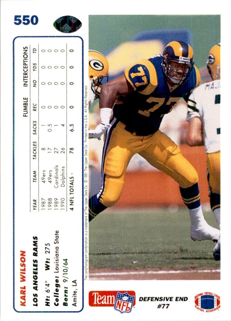 1991 Upper Deck Karl Wilson Football Cards #550