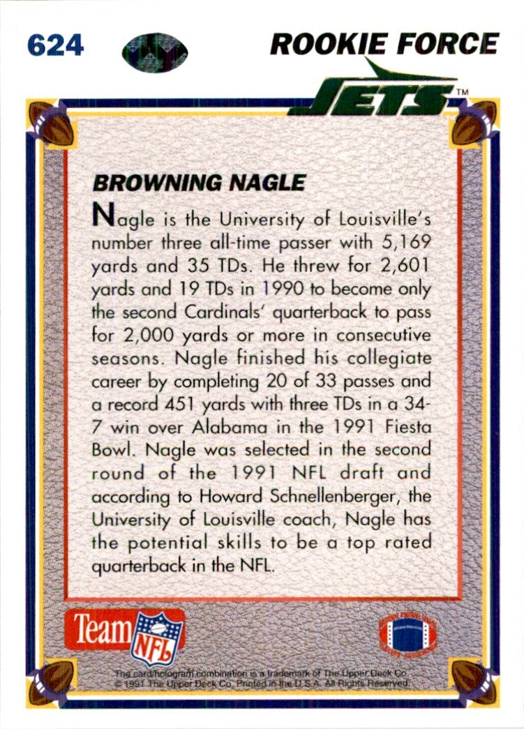 1991 Upper Deck Browning Nagle Rookie Football Cards #624