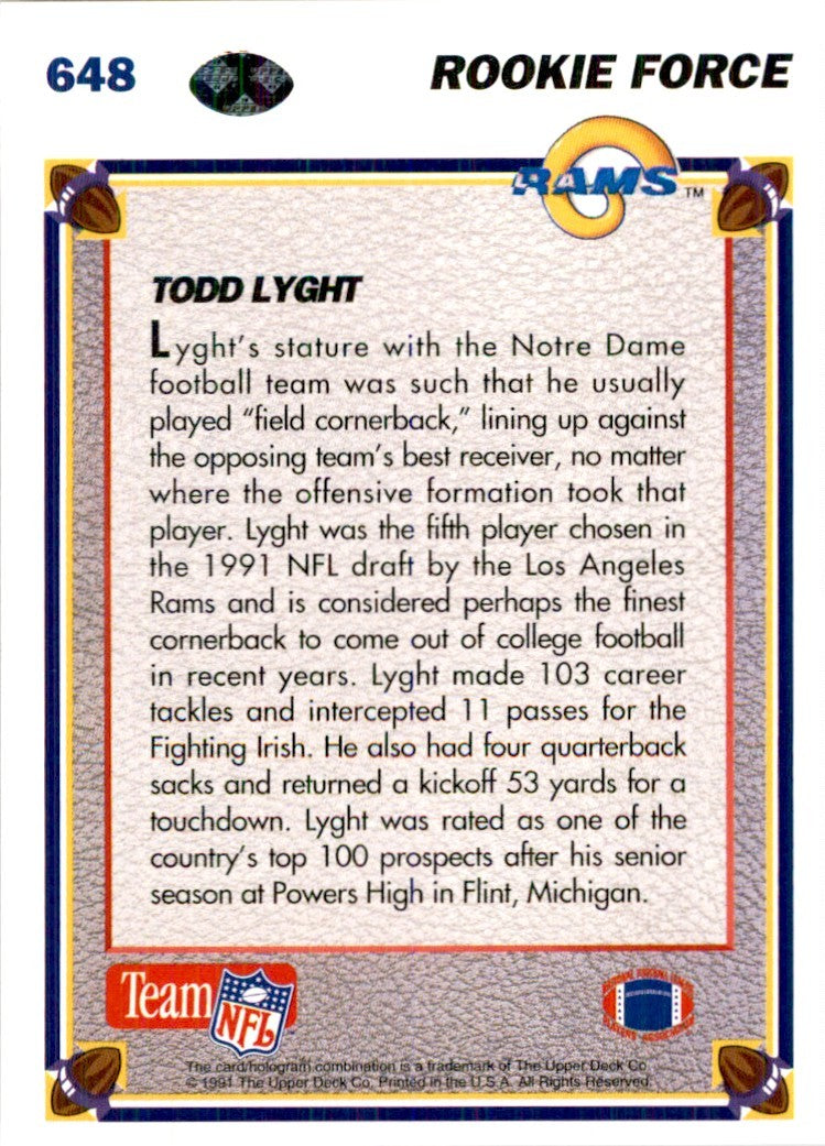 1991 Upper Deck Todd Lyght Rookie Football Cards #648