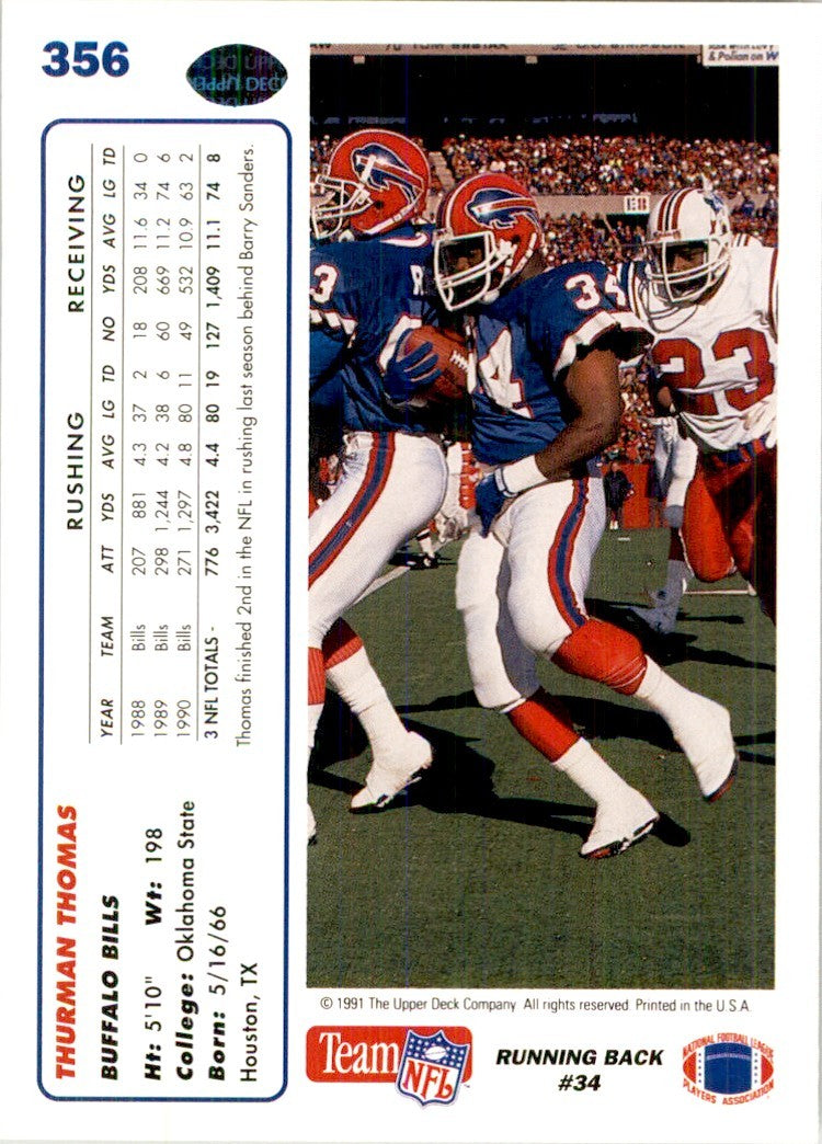 1991 Upper Deck Thurman Thomas Football Cards #356