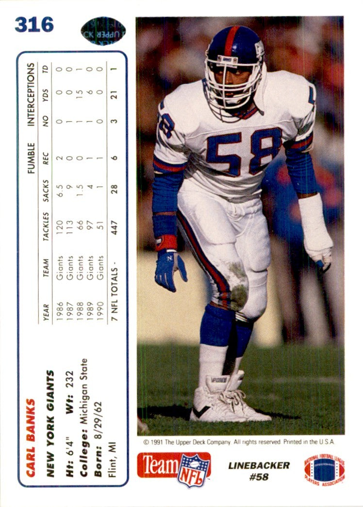 1991 Upper Deck Carl Banks Football Cards #316