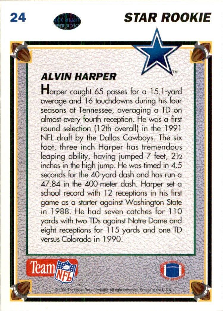 1991 Upper Deck Alvin Harper Rookie Football Cards #24