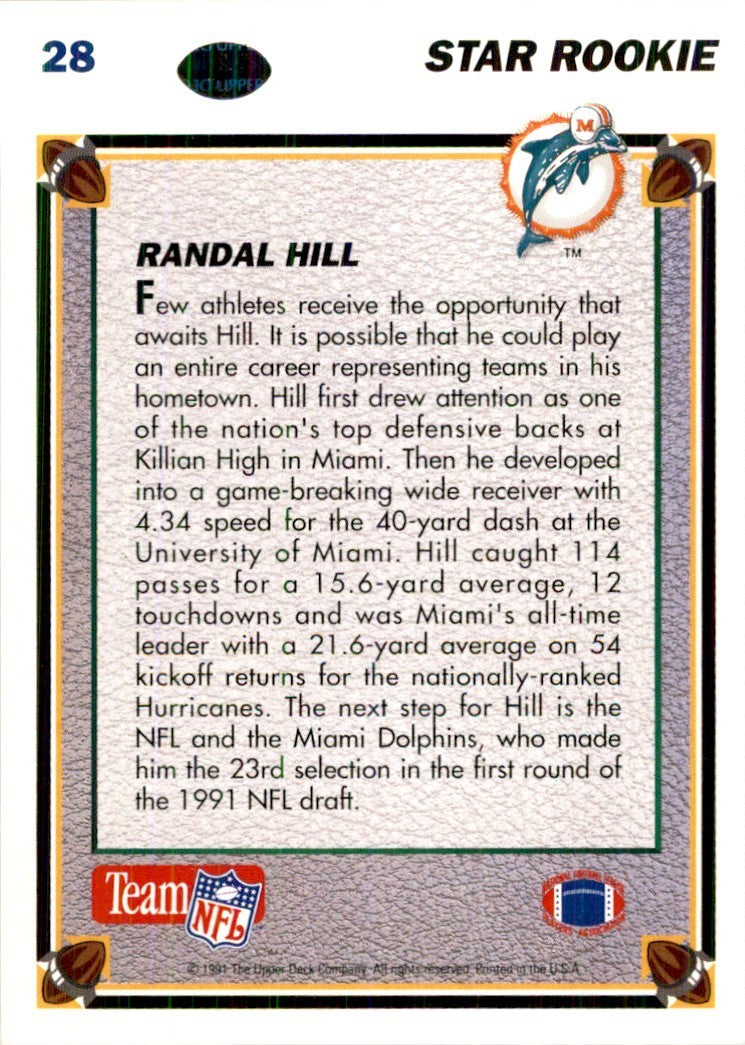 1991 Upper Deck Randal Hill Rookie Football Cards #28