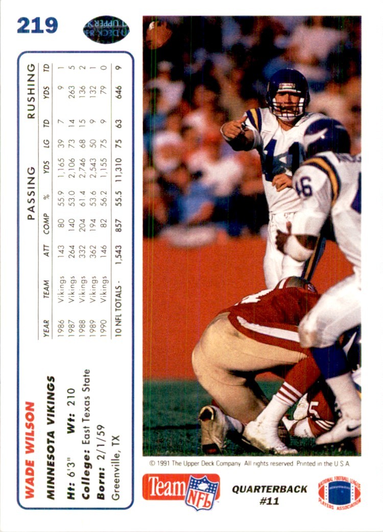 1991 Upper Deck Wade Wilson Football Cards #219