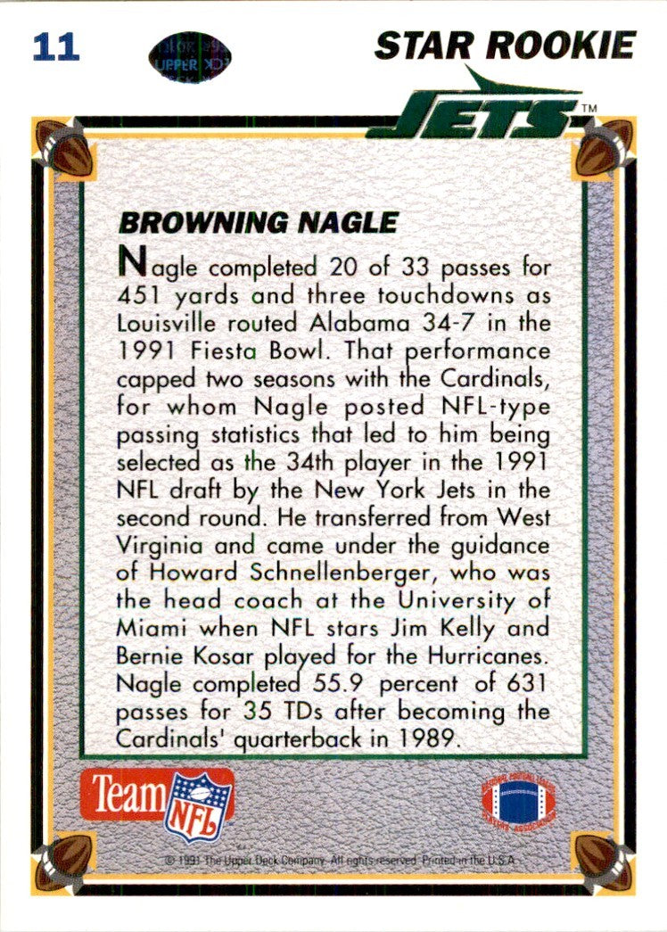 1991 Upper Deck Browning Nagle Rookie Football Cards #11