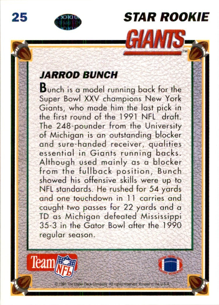 1991 Upper Deck Jarrod Bunch Rookie Football Cards #25